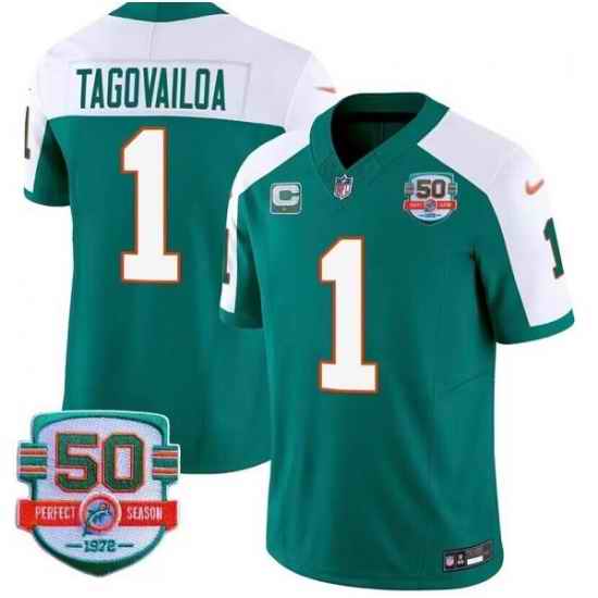 Men Miami Dolphins 1 Tua Tagovailoa Aqua White 2023 F U S E With 1 Star C Patch And 50th Perfect Season Patch Vapor Limited Stitched Football Jersey
